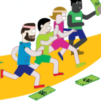 realistic runners of multiple ethnicities in a relay race on a team passing money