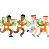 realistic runners of multiple ethnicities in a relay race on a team passing money