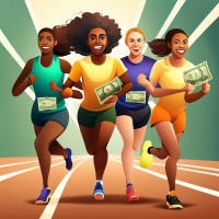realistic runners of multiple ethnicities in a relay race on a team holding money