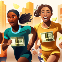 realistic runners of multiple ethnicities in a relay race on a team holding money